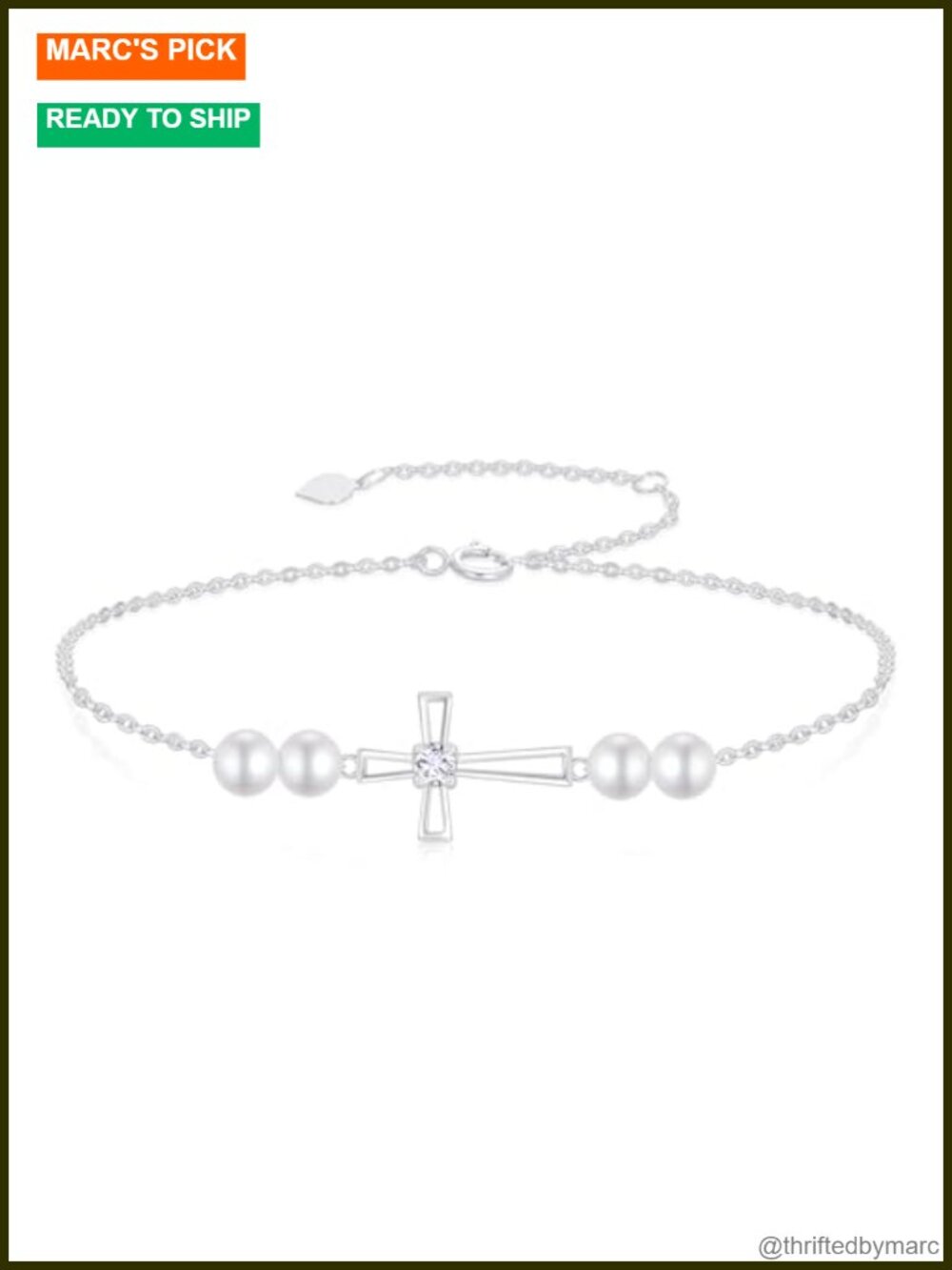 10k Gold Cross Bracelet Created Moissanite Freshwater Pearl Religious 8.4 in